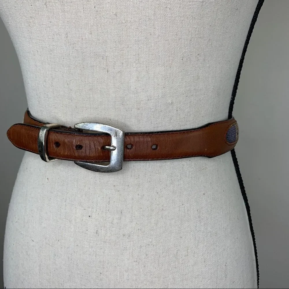 Brown Leather and Western Fabric Belt w/Silver‎